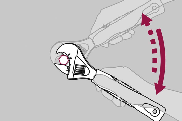 Illustration av en hand som använder en skiftnyckel för att dra åt en skruv, med en böjd pil som indikerar rotationsrörelsen.