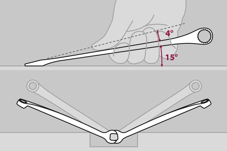 Illustration av en skiftnyckel med en vinkel på 15 grader och en ringhuvudvinkel på 4 grader