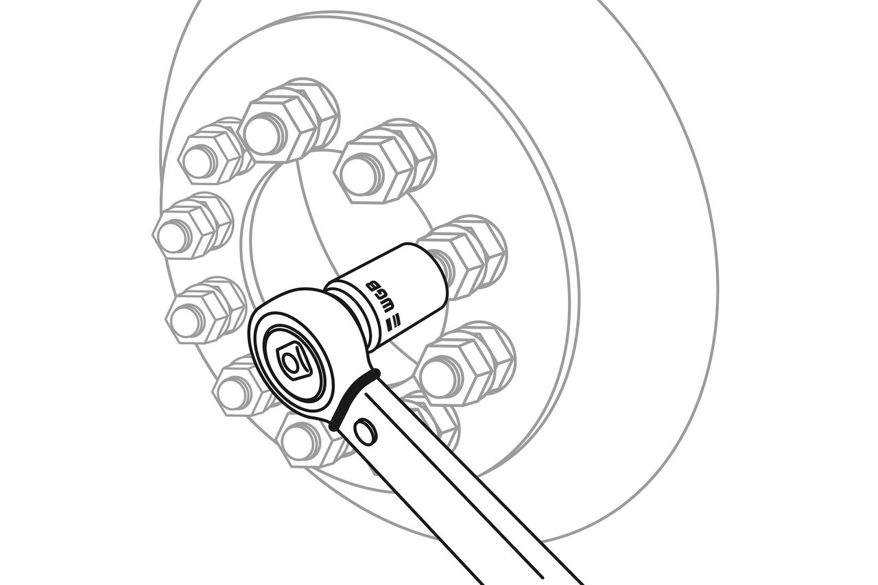 Illustration av en hylsnyckel som används på ett hjulnav med hjulmuttrar.