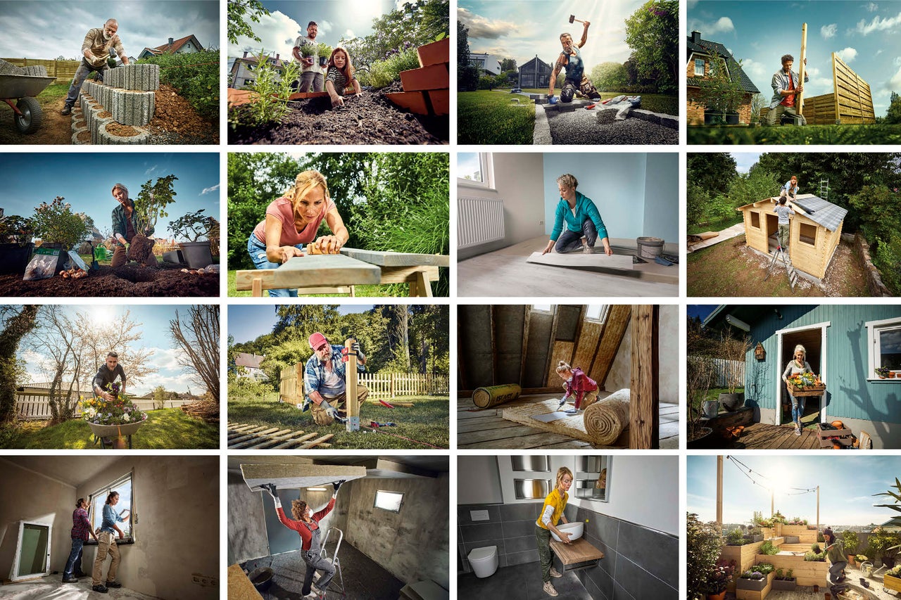 Collage av olika gör-det-själv-projekt i hus och trädgård