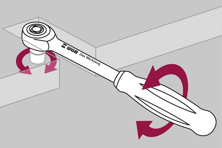 Illustration av en spärrnyckel med rotationsriktningspilar