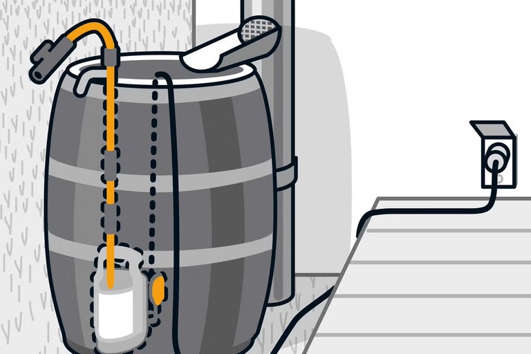 Illustration av en regntunna med dränkbar pump, anslutning till ett utomhusuttag och en trädgårdsslang med munstycke.