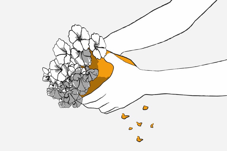 Illustration: händer håller en skål med blommor