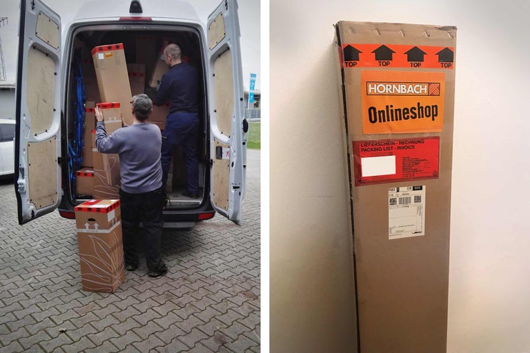 Leverans av Hornbach Online Shop-beställningar i ett leveransfordon. Kartong med Hornbach Onlineshop-etikett.