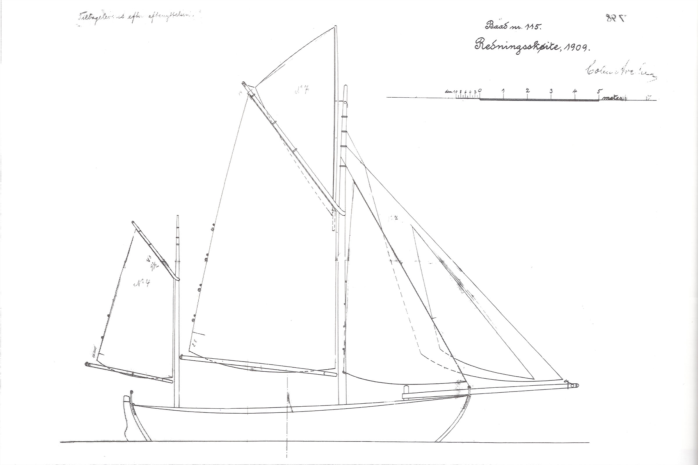 Teknisk ritning av en segelbåt från 1909