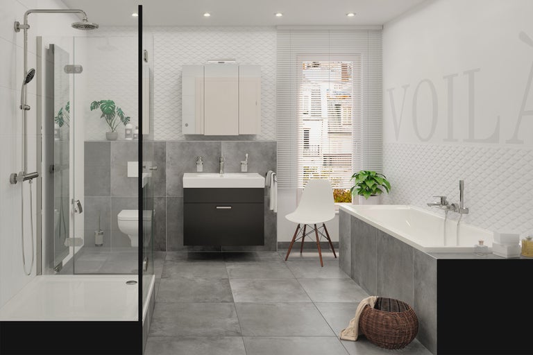 Badrum med dusch, handfat, toalett och badkar i ett ljust rum