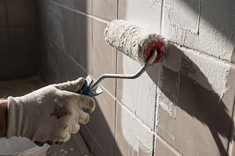 En person målar kakel med en färgroller.