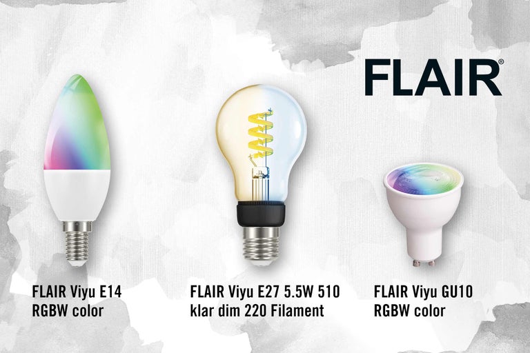 Tre FLAIR-lampor: FLAIR Viyu E14 RGBW-färg, FLAIR Viyu E27 5,5 W 510 klar dimbar 220 glödtråd, FLAIR Viyu GU10 RGBW-färg