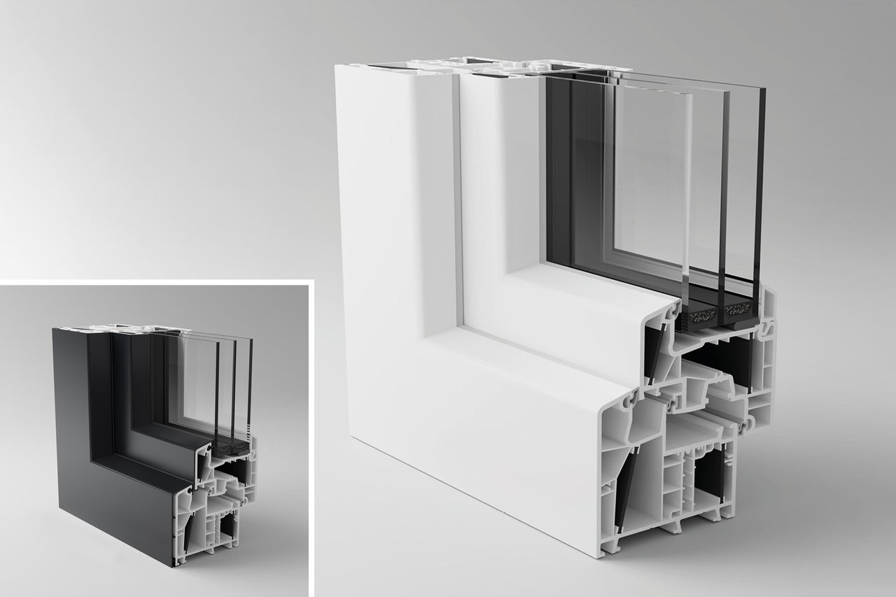 Snittvy av en vit fönsterkarm i plast med treglas