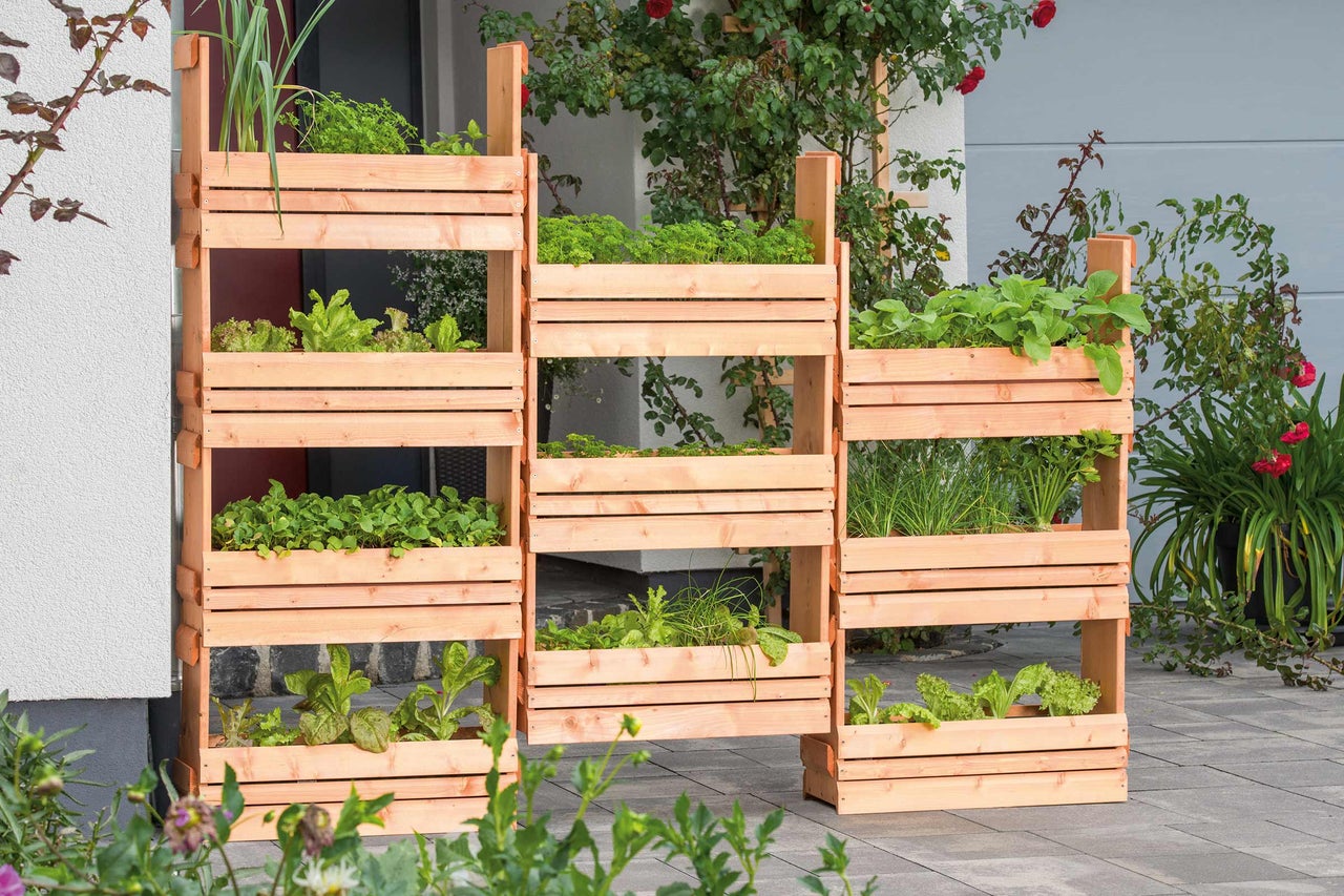 Tre trädgårdsställ för örter med olika örter på en terrass