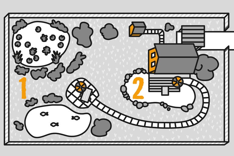 Illustration av en trädgård med damm och hus