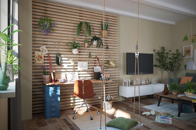 Vardagsrum med skrivbord, gunga och dekorationer på en trävägg