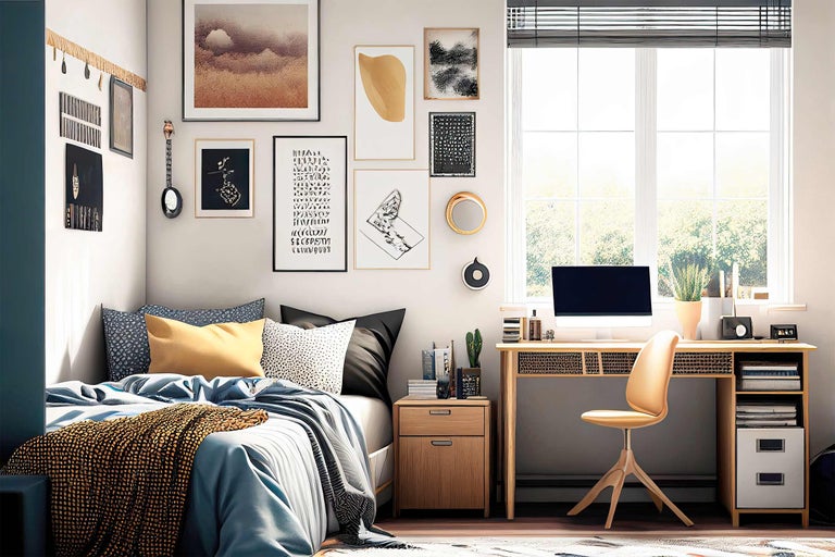 Ljust sovrum med säng, skrivbord och olika väggdekorationer för en mysig atmosfär