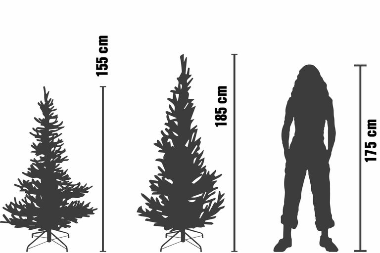 Storleksjämförelse av två konstgjorda julgranar med 155 centimeters och 185 centimeters höjd jämfört med en person på 175 centimeter