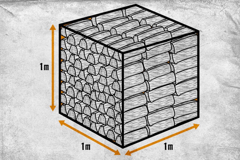 Illustration av en kubikmeter staplad ved
