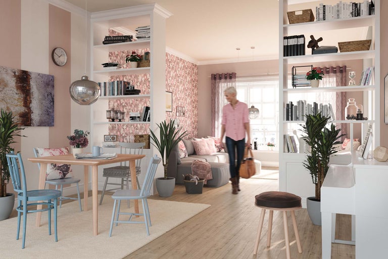 Ljust vardagsrum med matbord, bokhyllor och dekorativ väggdesign
