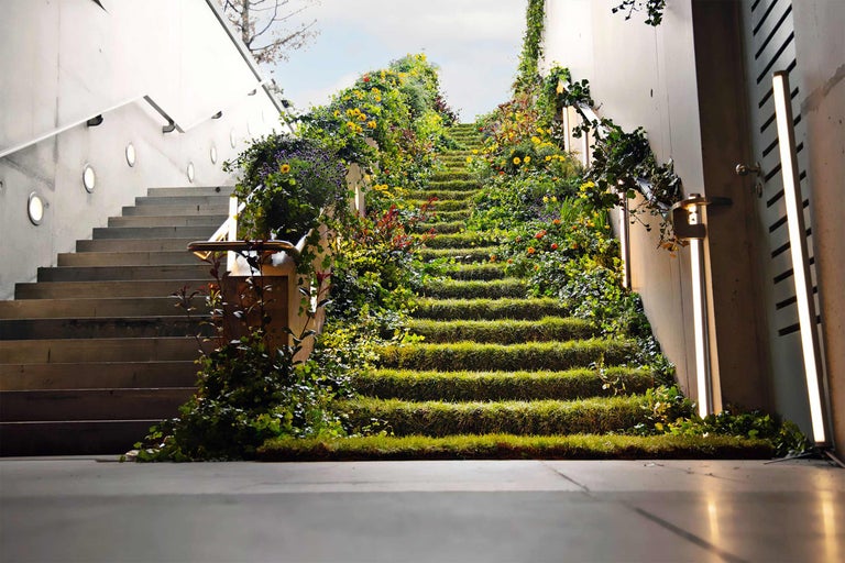 Trappa dekorerad med gräs och blommor