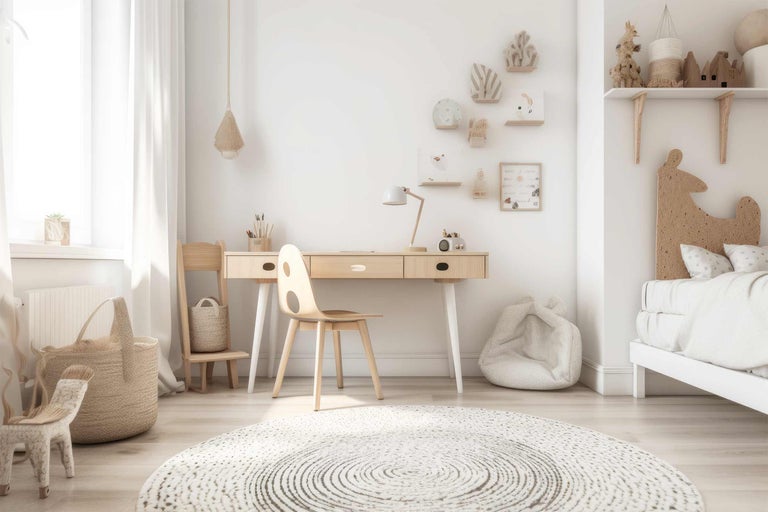 Ljust barnrum med skrivbord, stol, matta och dekorationer.