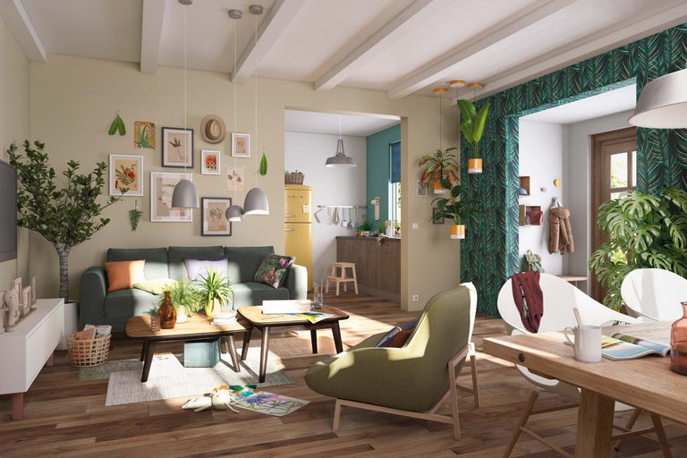 Ljust vardagsrum med grön soffa, träbord och dekoration