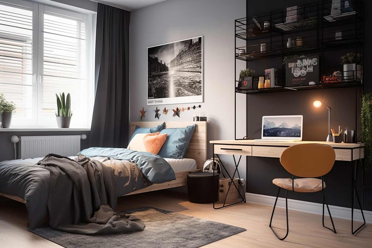 Ett sovrum med en säng, ett skrivbord, en stol och hyllor.
