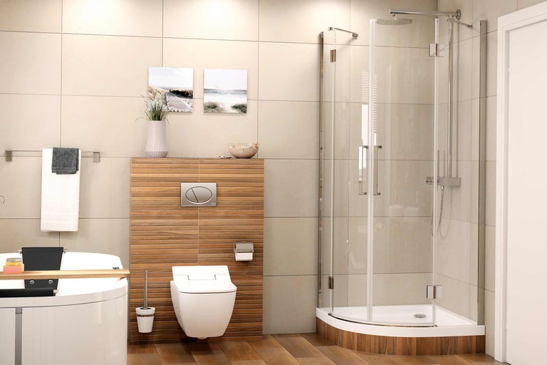 Modernt badrum med dusch, toalett, badkar och kakel i beige och brunt