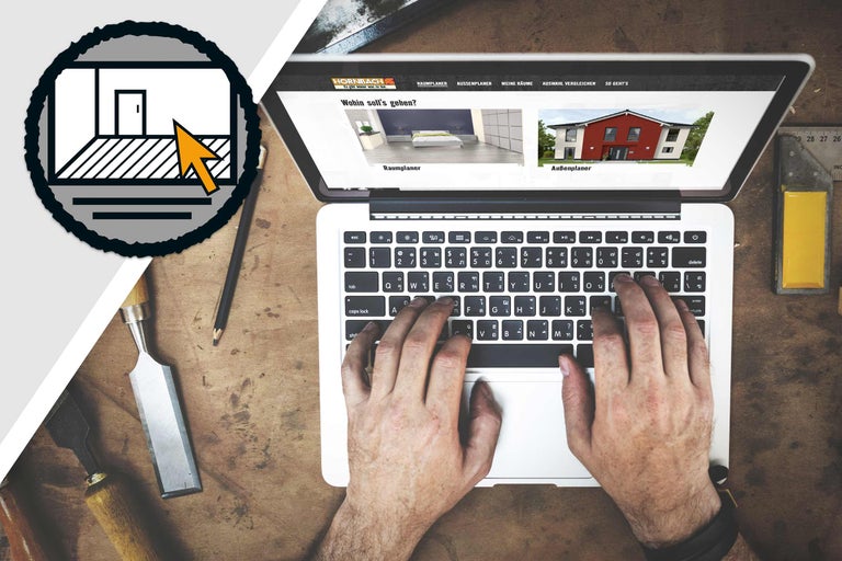 Laptop med Hornbachs webbplats och händer på tangentbordet, verktyg ligger på bordet