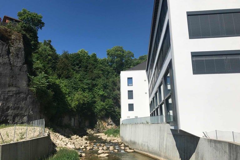 Vy med en bäck bredvid en modern byggnad och en skogsklädd sluttning.