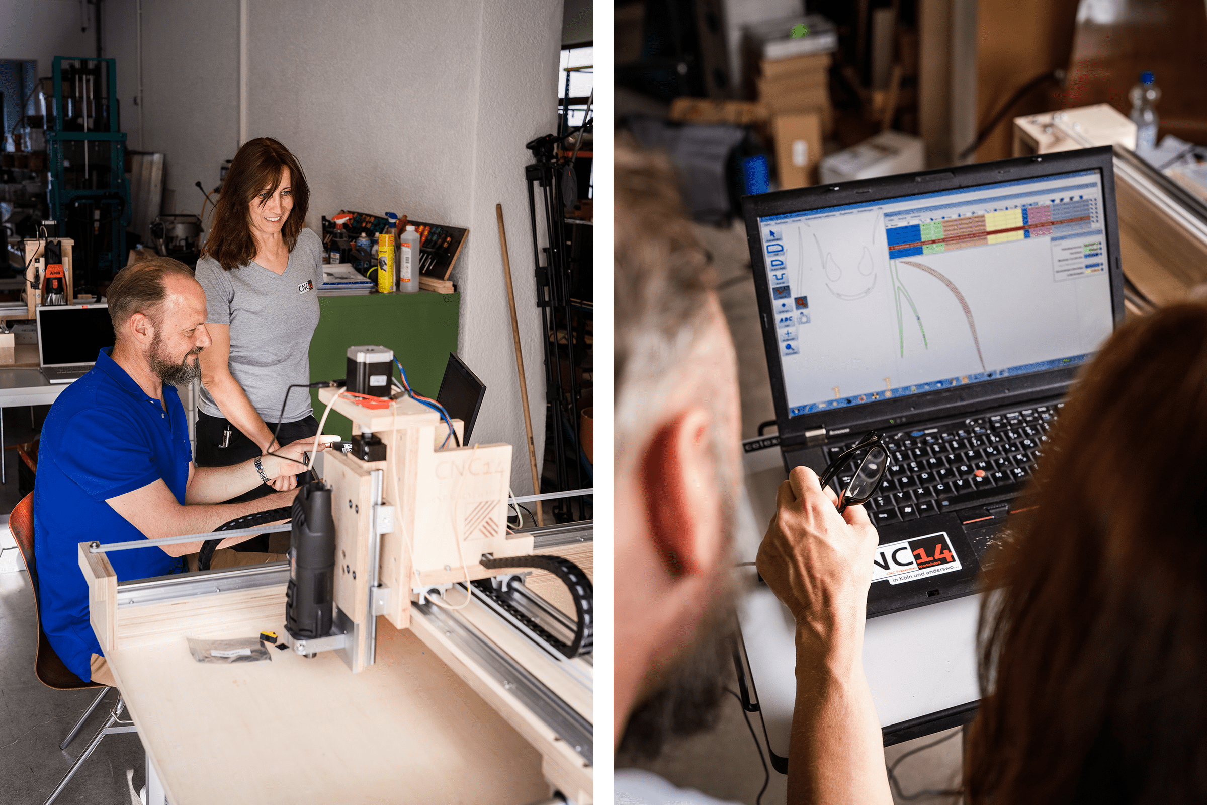Två personer arbetar med en CNC-fräsmaskin; en person använder en bärbar dator med CNC-programvara.