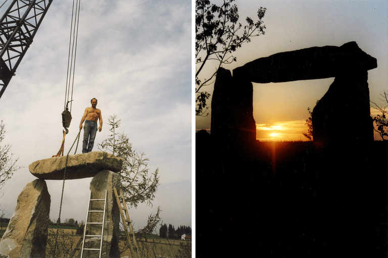Bildmontage av ett stenmonument under konstruktion och en silhuett av ett stenmonument i solnedgången.