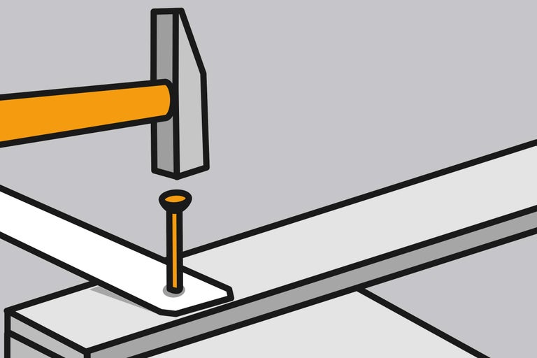 Illustration av en hammare som slår in en spik i en träplanka