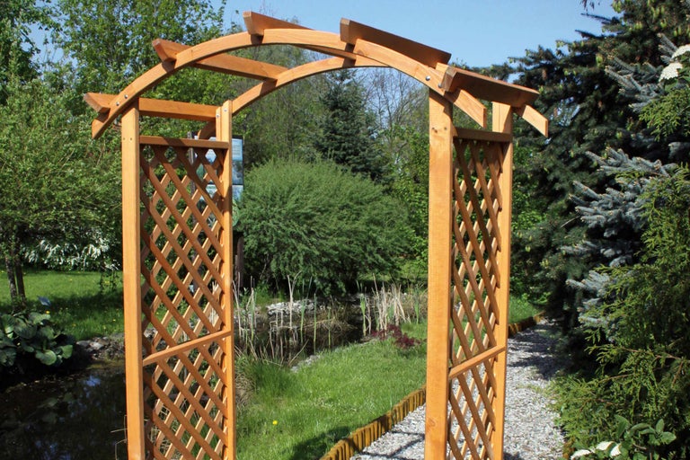 Träbåge med spaljé i trädgården