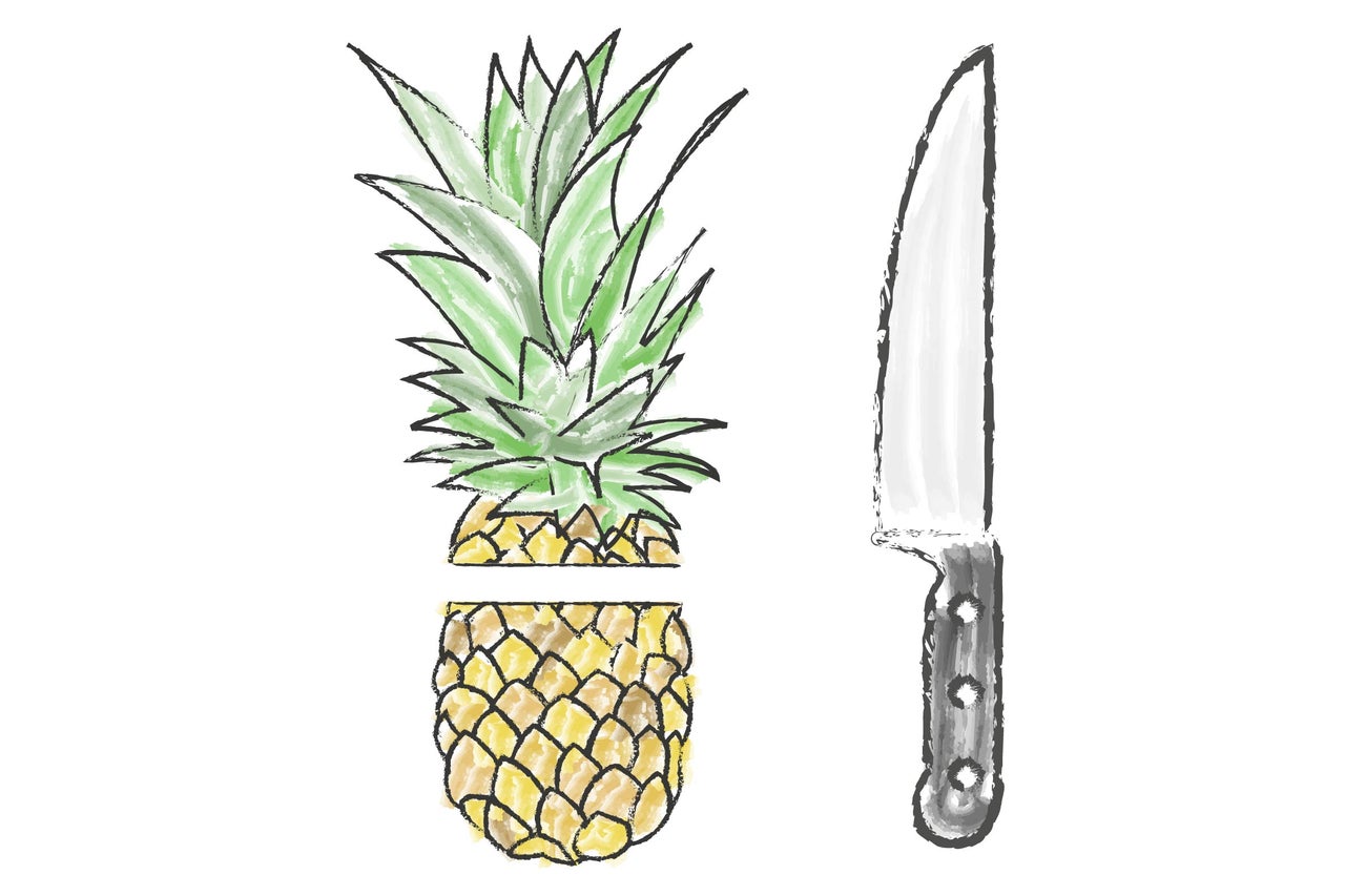 Illustration av en skuren ananas och en kökskniv