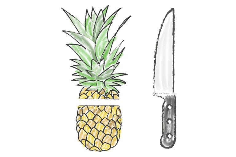 Illustration av en skuren ananas och en kökskniv