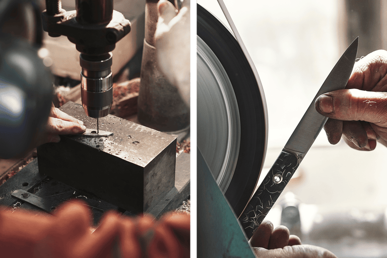 Bilden visar en metallbit som bearbetas med en borrmaskin och en kniv som slipas på en slipmaskin.
