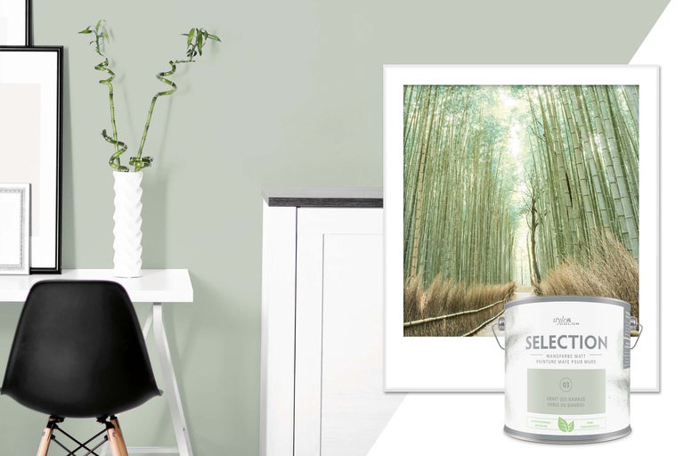 Vardagsrum med bambudekoration och Style Color Selection matt väggfärg bambukraft