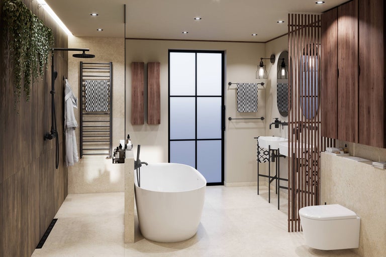 Modernt badrum med fristående badkar, takdusch med svarta armaturer, dubbelt tvättställ, rumsavdelare i trä och klinker med stenskänsla.