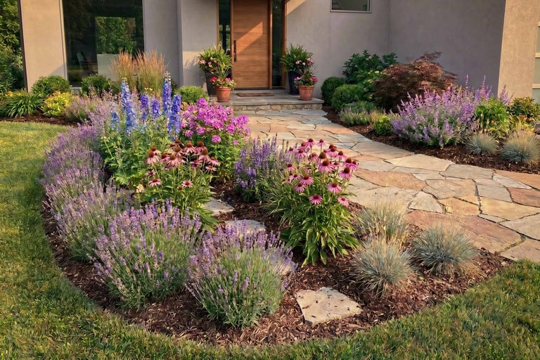 Framsida med naturstensgång till en ytterdörr i trä, planterad med lavendel, solhatt och andra perenner i en rabatt med täckbark.