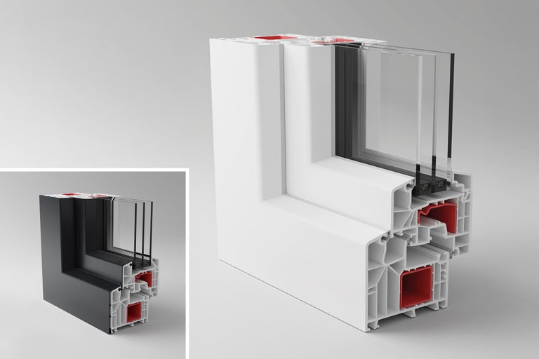 Tvärsnitt av en plastfönsterram med treglas