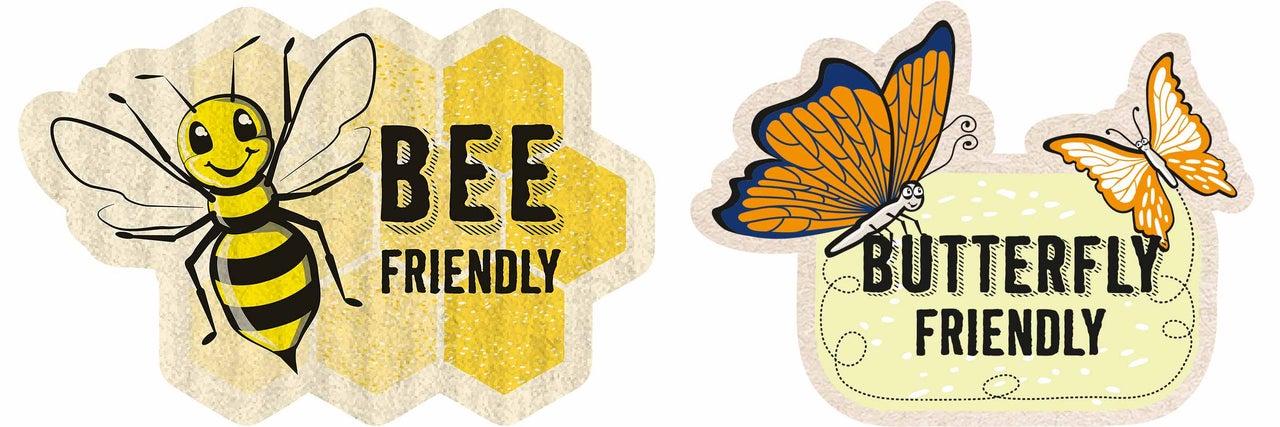 Klistermärke med texten bivänlig och fjärilsvänlig