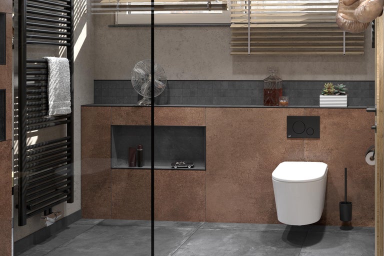 Modernt badrum med radiator, toalett och dekorativa element