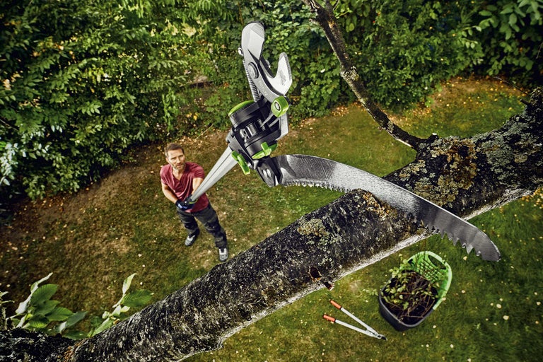En teleskopisk grensax klipper av en gren, medan en man står i bakgrunden och ett grönt kar med avklippta grenar och en trädgårdssax ligger på gräsmattan.
