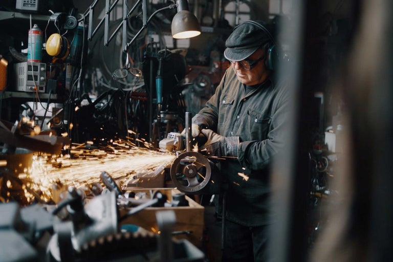 En man bearbetar metall med en slipmaskin, gnistor sprutar.