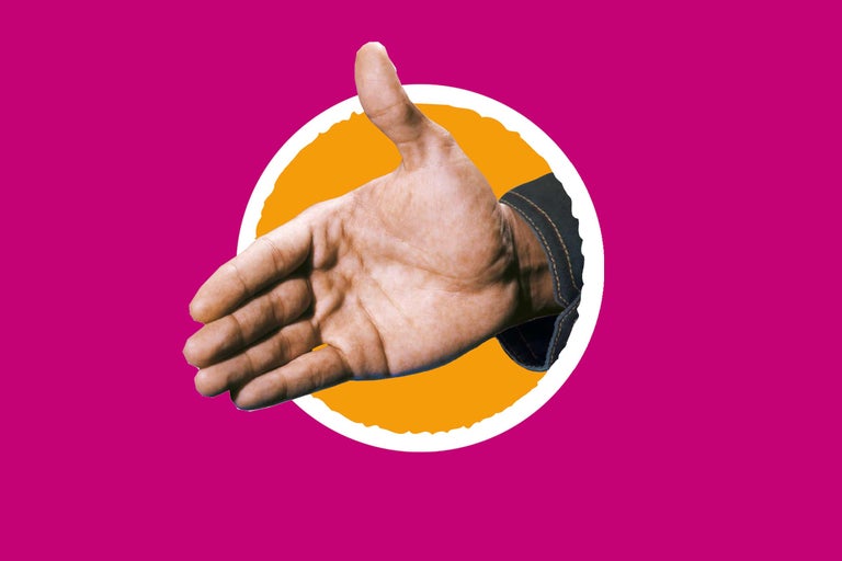 Öppen hand för handskakning framför en gul cirkel