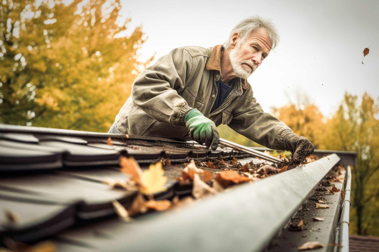 Man rengör hängrännan från löv och smuts.