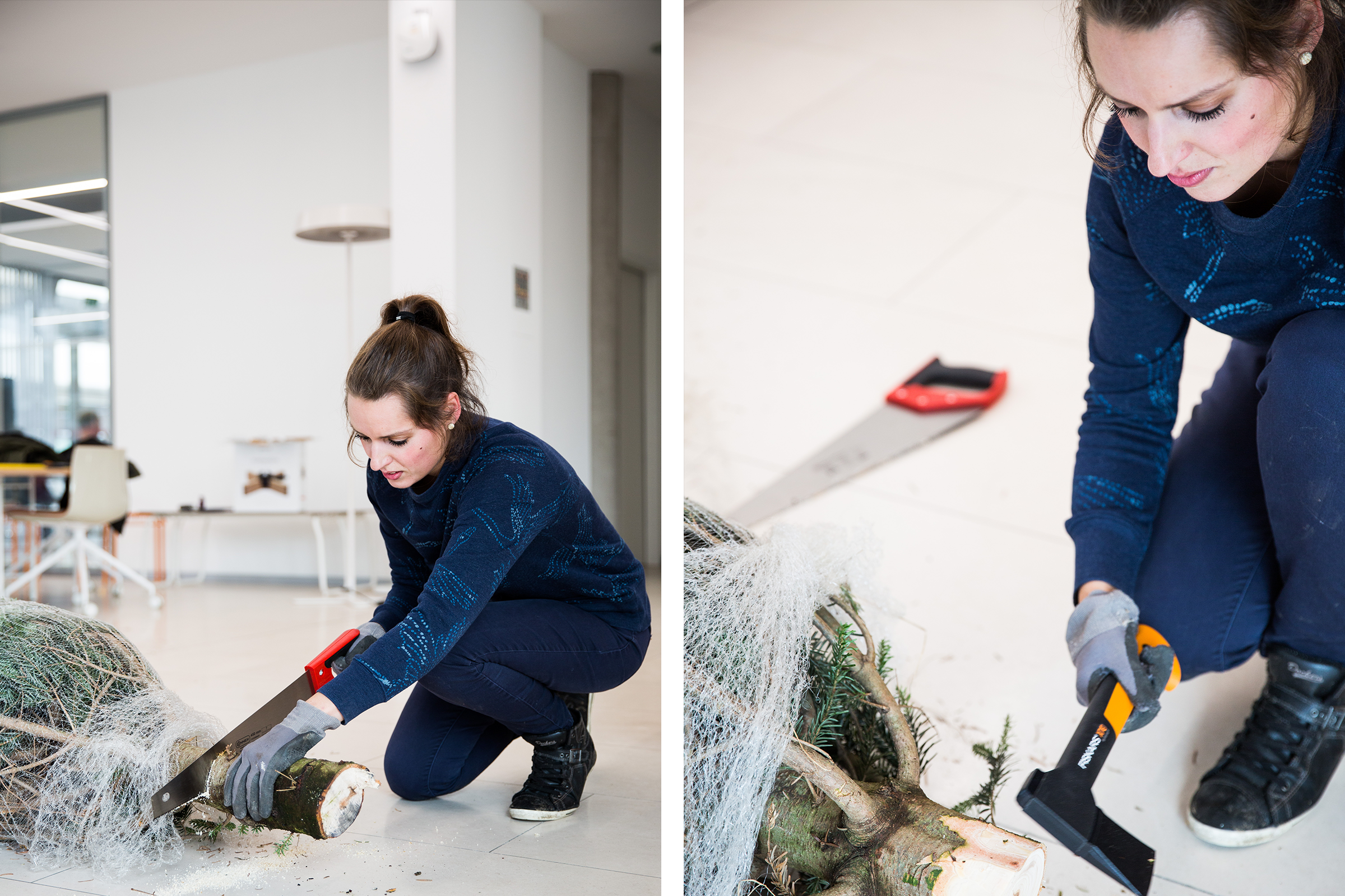 Kvinna sågar trädstam med handsåg inomhus.