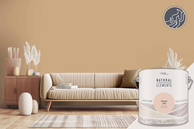 Exempel på ett vardagsrum i sandfärger med ett färgburksmotiv