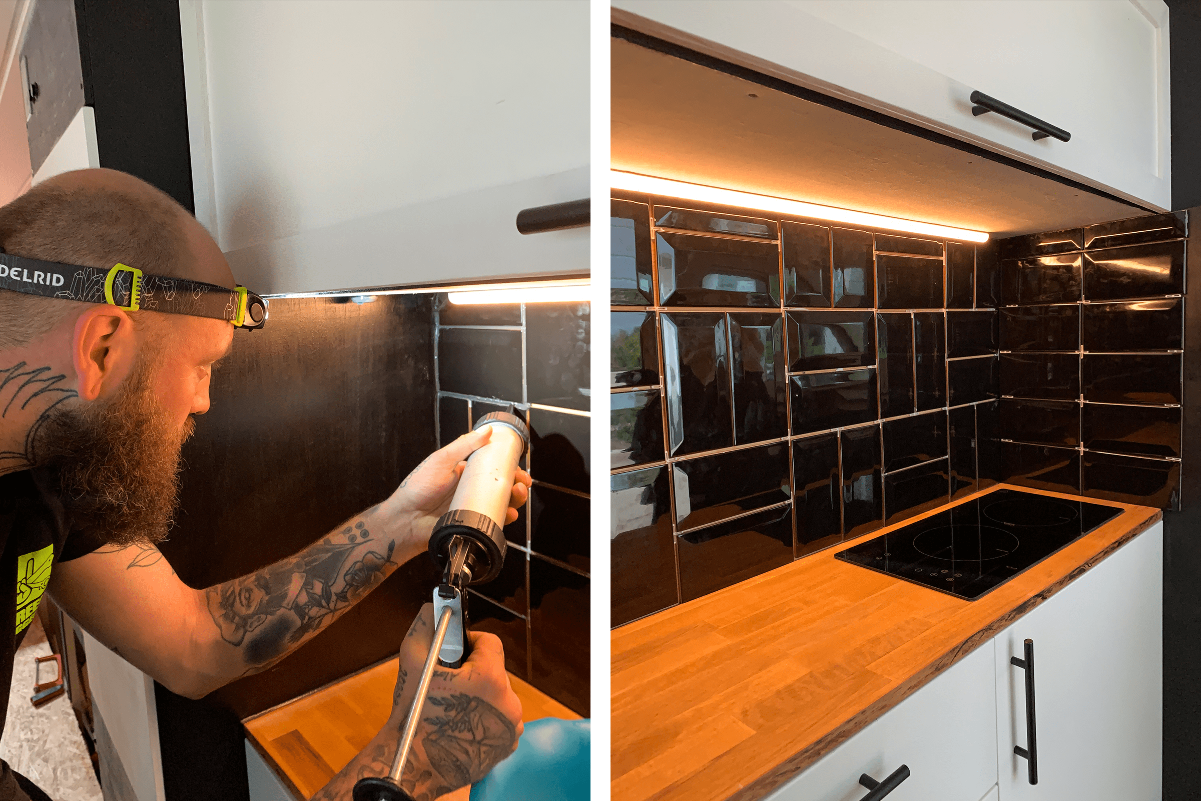Installation av köksbänk med svart kakel och LED-belysning