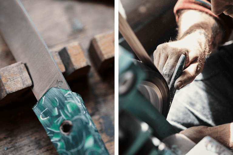 Knivtillverkning: detaljbild av kniv och person som slipar kniven med en slipmaskin.