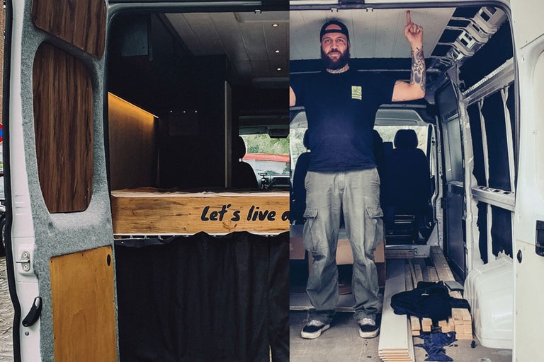Ombyggnad av en skåpbil till husbil med träinredning och säng