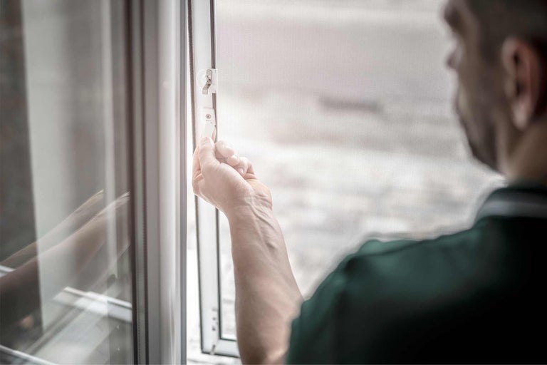 Person som använder insektsnät på fönstret